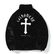 Cross Embroidered Faux Fur Zip-Up Jacket-streetwear-techwear