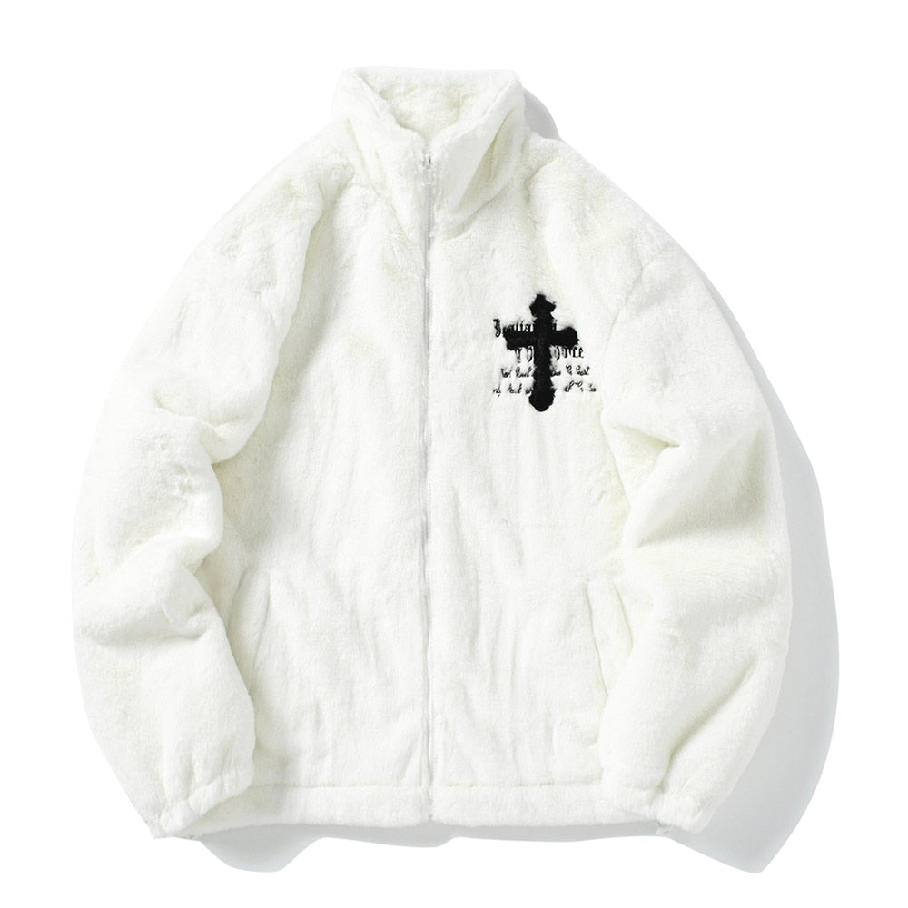 Cross Embroidered Faux Fur Zip-Up Jacket-streetwear-techwear