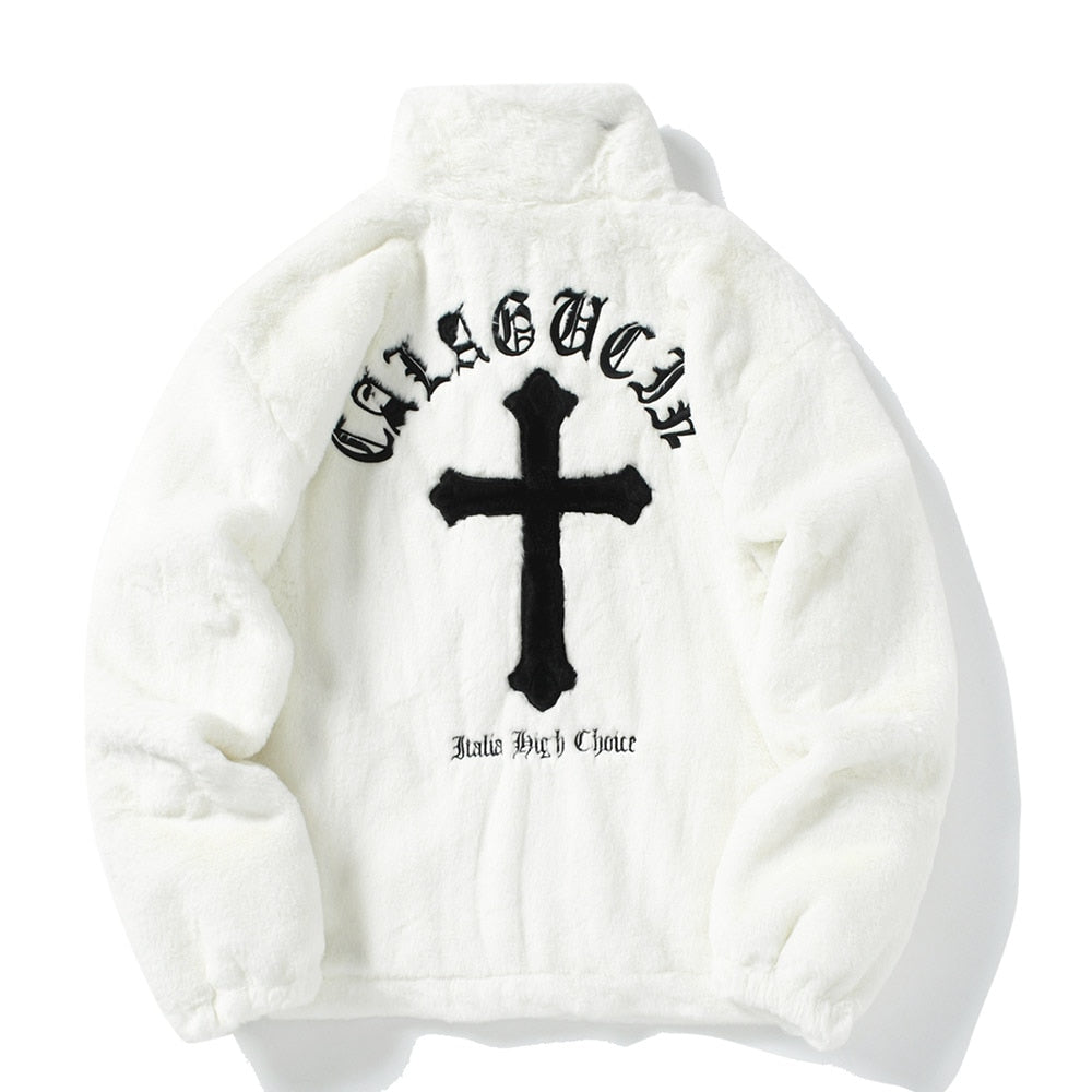 Cross Embroidered Faux Fur Zip-Up Jacket-streetwear-techwear