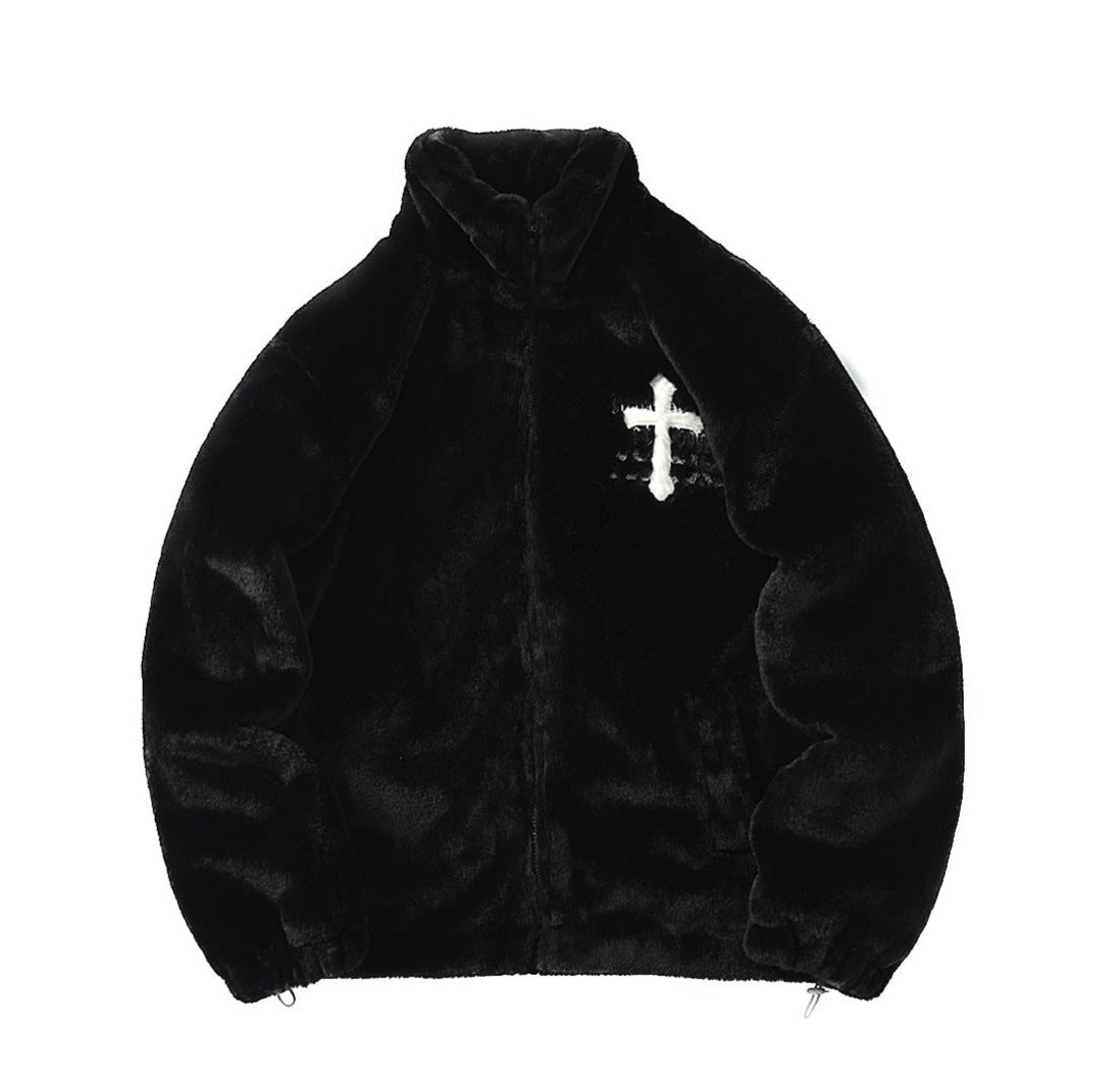 Cross Embroidered Faux Fur Zip-Up Jacket-streetwear-techwear