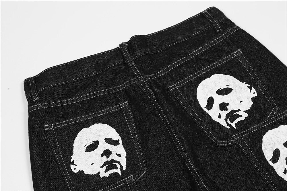 Horror Print Wide Leg Jeans-streetwear-techwear
