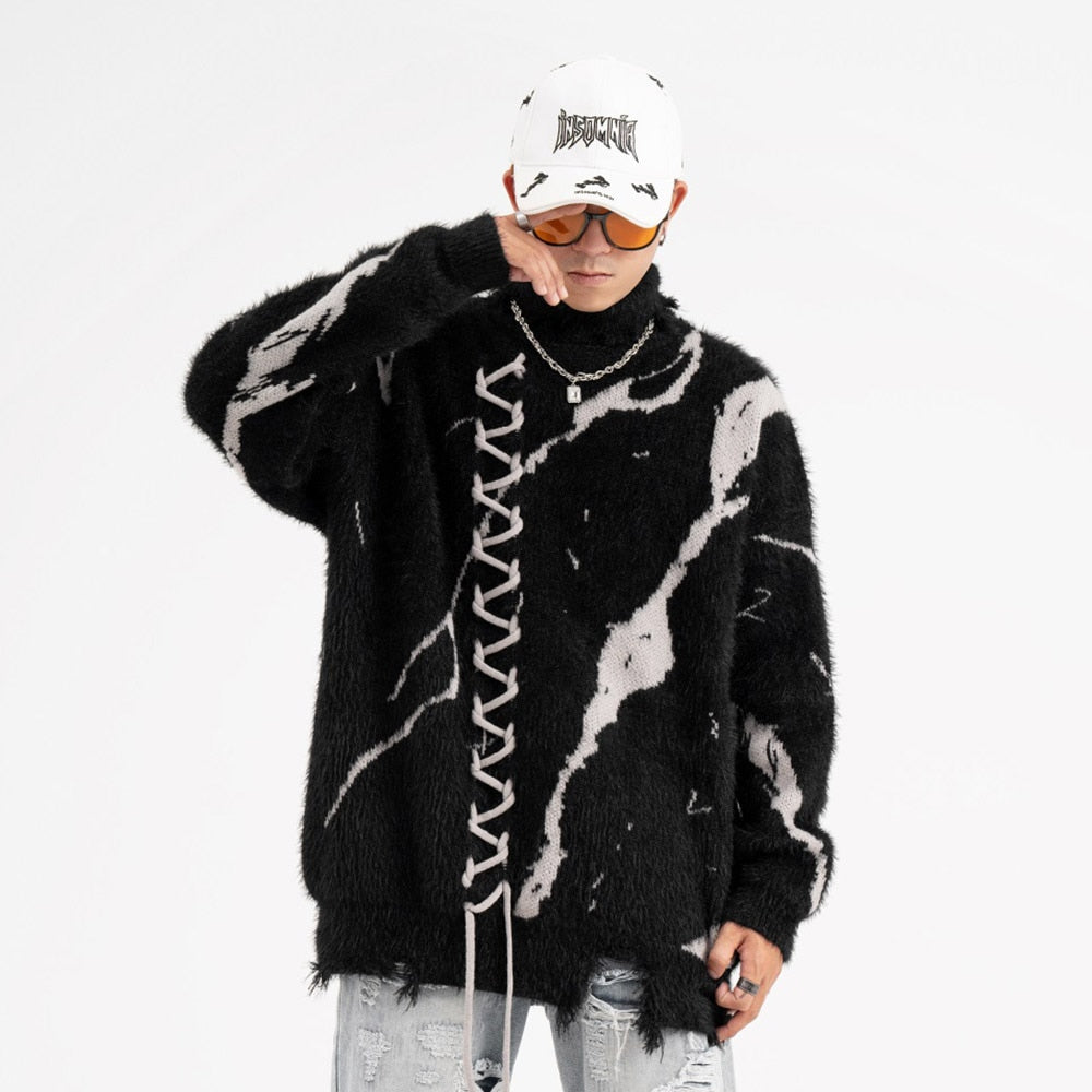 Mohair Style Distressed Lace Up Sweater-streetwear-techwear