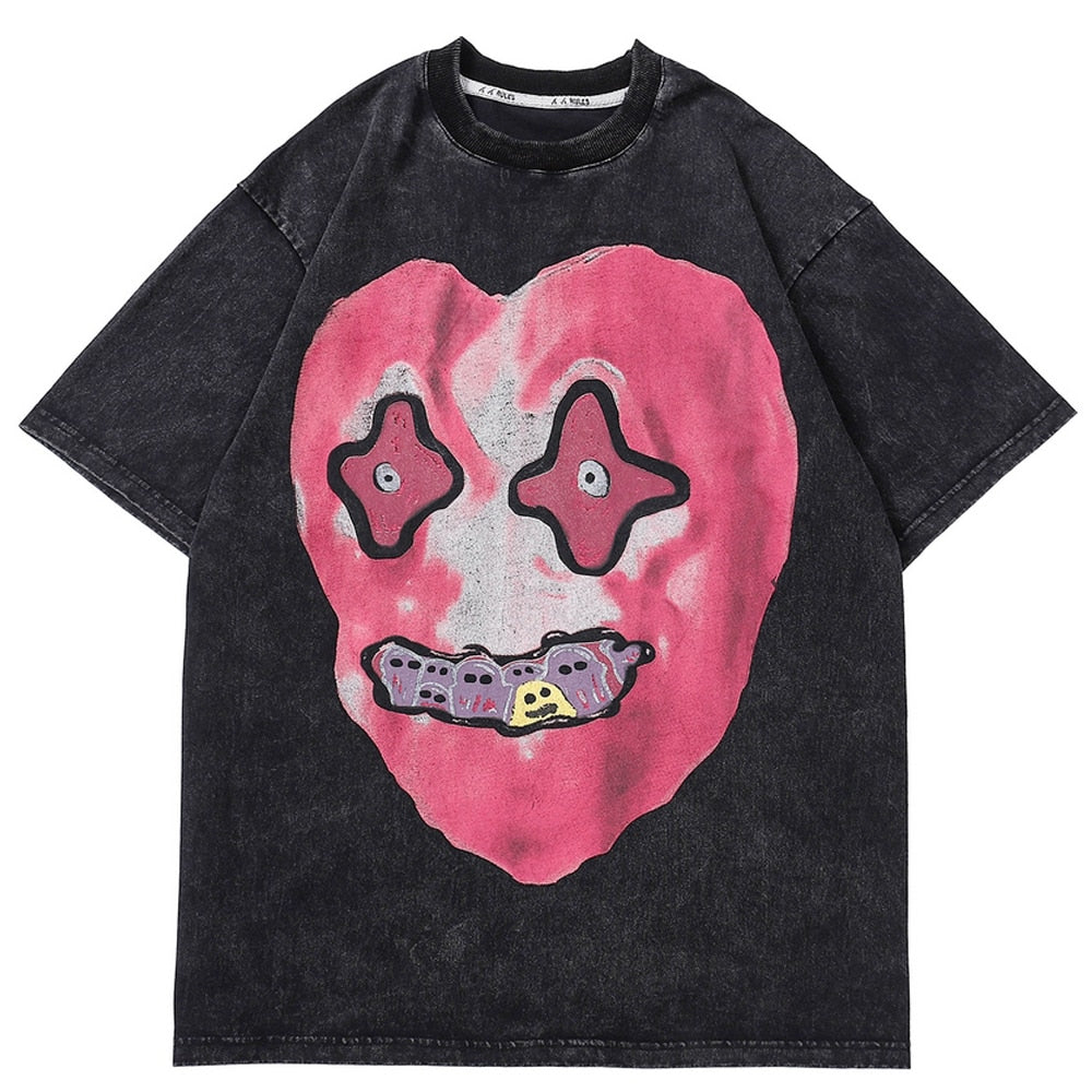 'Nightmare Heart' Acid Washed Graphic Print T-Shirt-streetwear-techwear