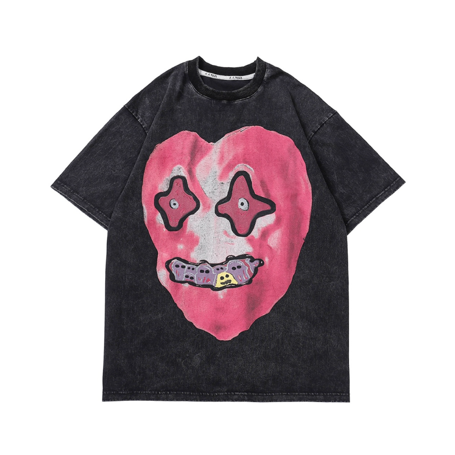 'Nightmare Heart' Acid Washed Graphic Print T-Shirt-streetwear-techwear