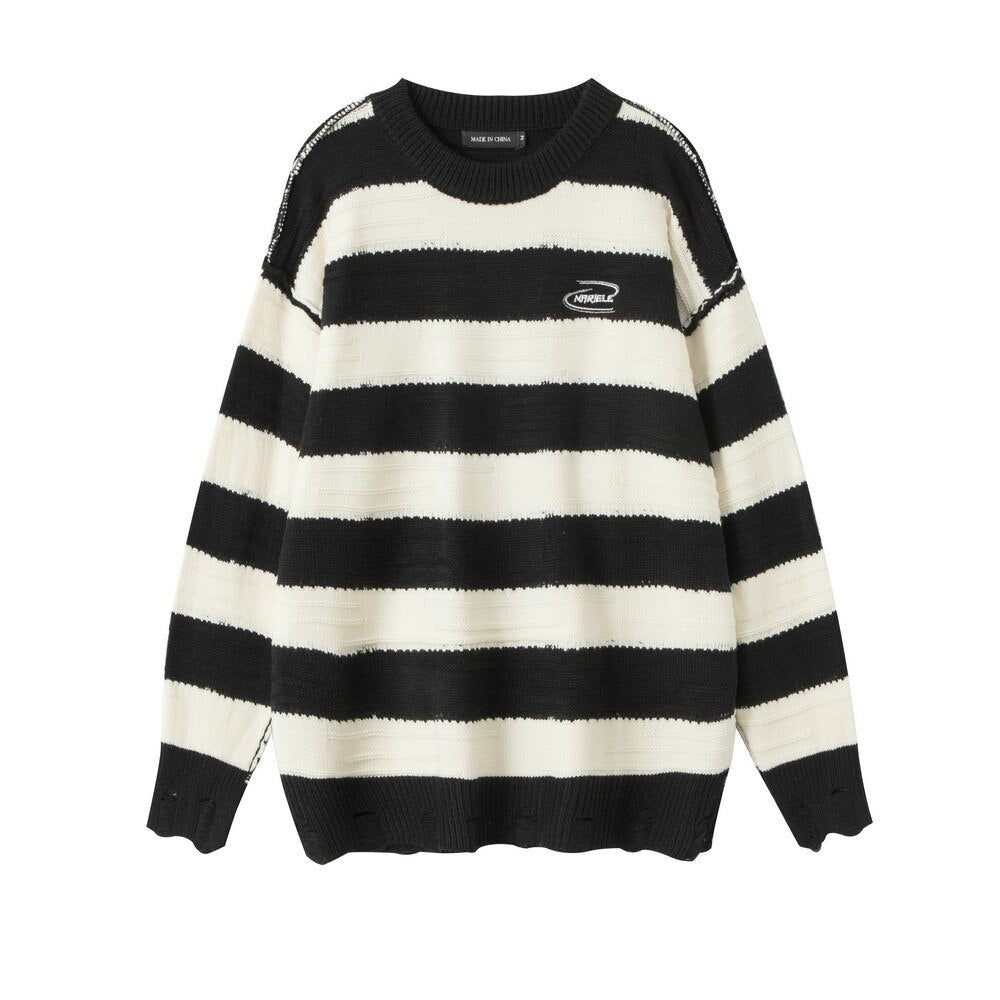Reverse Knit Distressed Stripe Knitted Sweater-streetwear-techwear