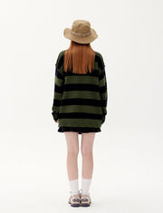 Reverse Knit Distressed Stripe Knitted Sweater-streetwear-techwear