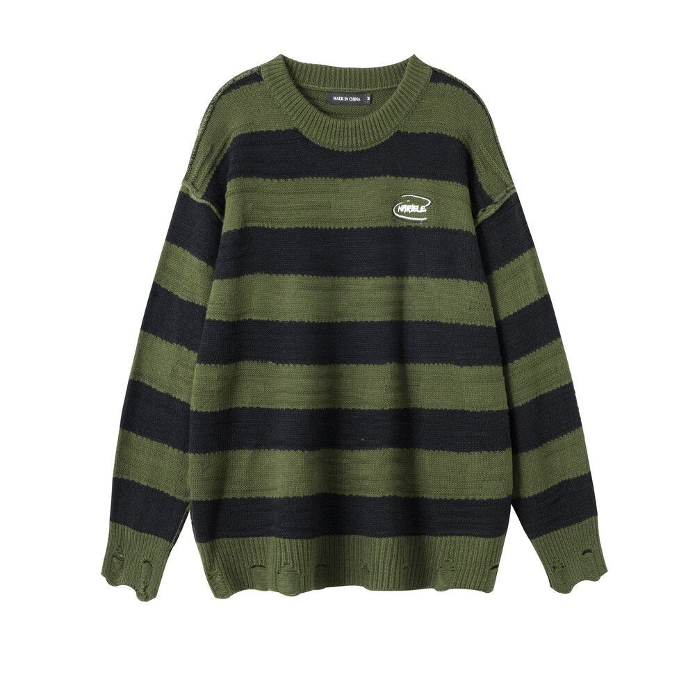 Reverse Knit Distressed Stripe Knitted Sweater-streetwear-techwear