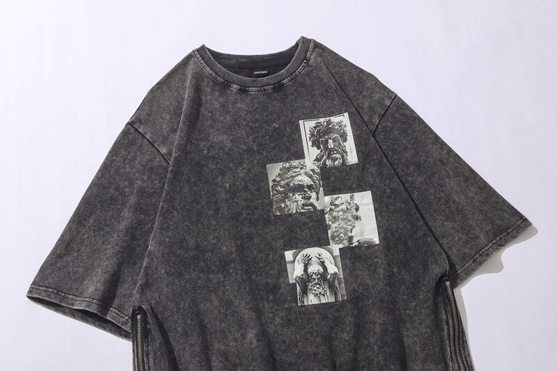 Side Zip Acid Washed Statue Print T-Shirt-streetwear-techwear