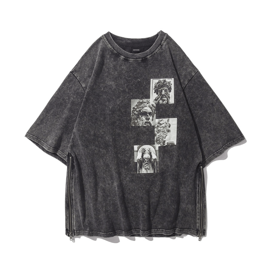 Side Zip Acid Washed Statue Print T-Shirt-streetwear-techwear